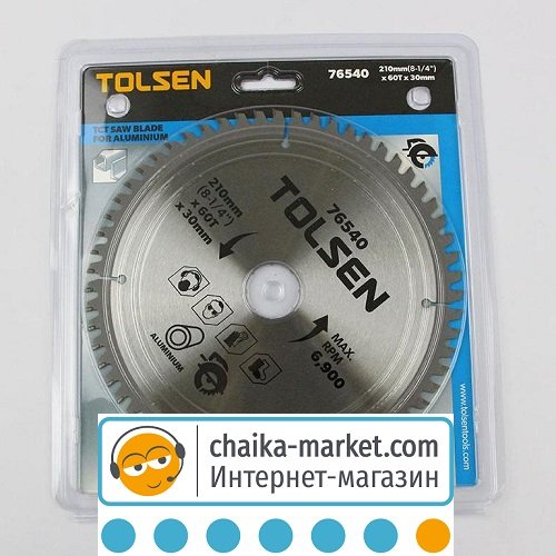 Диск пильный с ТВС напайками по алюминию TOLSEN 76540 210*60Т*30 мм