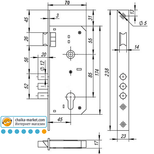 Корпус замка KEDR 945-11B-3R 85 мм під стяжки CP (хром)